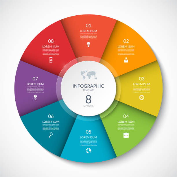 Vector infographic circle. Cycle diagram with 8 options. Can be used for chart, graph, report, presentation, web design. Vector infographic circle. Cycle diagram with 8 options. Can be used for chart, graph, report, presentation, web design. number 8 stock illustrations