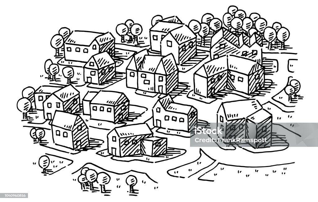 Town Neighborhood Drawing Hand-drawn vector drawing of a Town Neighborhood. Black-and-White sketch on a transparent background (.eps-file). Included files are EPS (v10) and Hi-Res JPG. Residential District stock vector