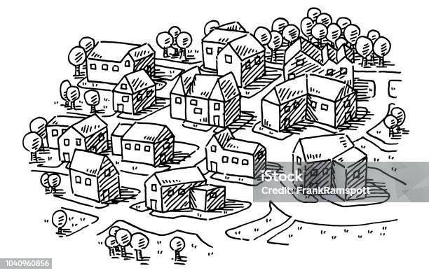 Town Neighborhood Drawing Stock Illustration - Download Image Now - Residential District, Drawing - Art Product, Map