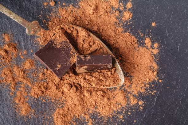 istock Cocoa powder and chocolate in spoon on slate 1040961054