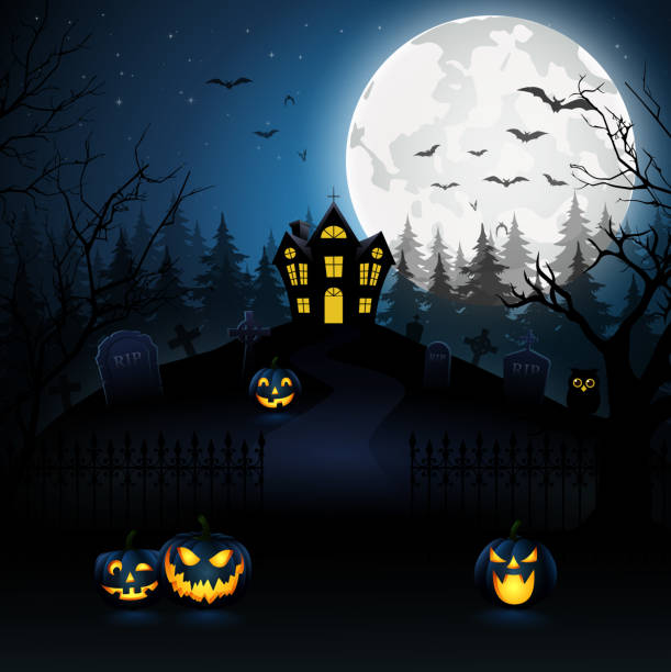 ilustrações, clipart, desenhos animados e ícones de fundo de noite de halloween com abóbora - halloween castle cartoon backgrounds