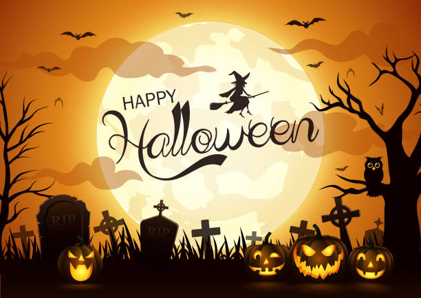 ilustrações de stock, clip art, desenhos animados e ícones de halloween night background with pumpkin - cemetery halloween moon spooky