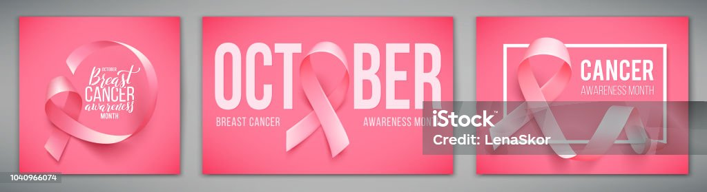 Conjunto de carteles con para el mes de concienciación del cáncer de mama en octubre. Símbolo de la cinta rosa realista. Ilustración de vector. - arte vectorial de Octubre libre de derechos