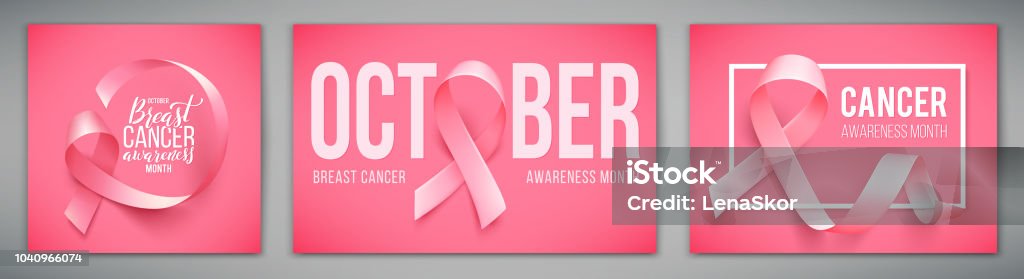 Set of posters with for breast cancer awareness month in october. Realistic pink ribbon symbol. Vector illustration. Set of posters with for breast cancer awareness month in october. Realistic pink ribbon symbol. Medical Design. Vector illustration. Cancer - Illness stock vector