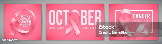 Set Of Posters With For Breast Cancer Awareness Month In October Realistic Pink Ribbon Symbol Vector Illustration Stock Illustration - Download Image Now