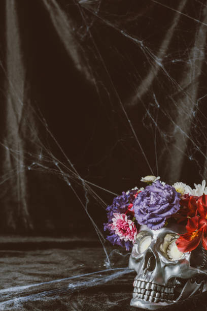 istock silver skull with flowers on black cloth with spider web 1040967250
