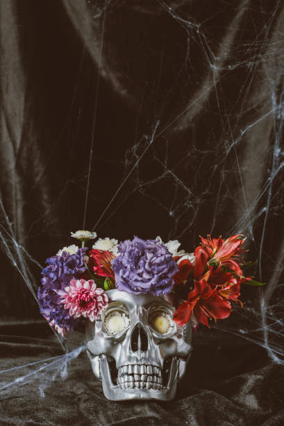 istock silver halloween skull with flowers on dark cloth with spider web 1040967274