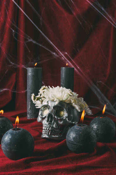 istock silver halloween skull with flowers and black candles on red cloth with spider web 1040969474