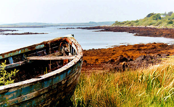 Weathered vessel stranded on a rocky beach, showcasing nautical history and isolation.