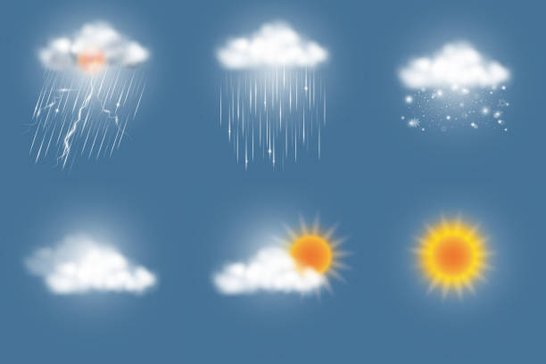 weather icons Weather icons set, storm, rainy, snow, cloudy, partly cloudy, sunny. Vector illustration. storm surge icon stock illustrations