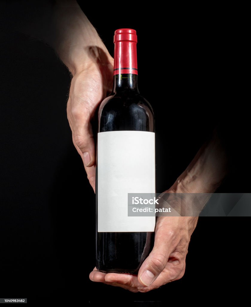 wine bottle label mockup Wine label design template. Red wine bottle with empty label. Wine Bottle Stock Photo