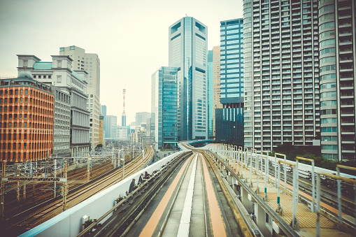 Monorail in Tokyo city. Downtown cityscape view. Japan