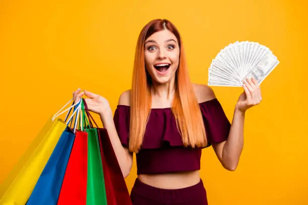 Photo of People victory party chic luck concept. Close up photo portrait of nice cheerful joyful pretty gorgeous with opened mouth lady showing advertising new shop isolated on bright background