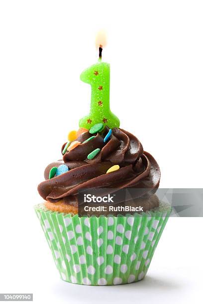 A Childs First Birthday Cupcake Isolated On White Stock Photo - Download Image Now - First Birthday, Birthday Cake, Cake