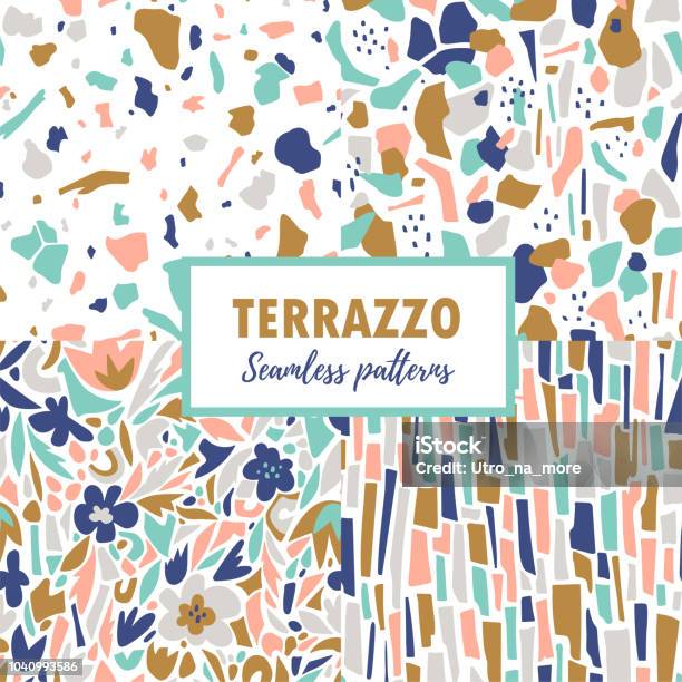 Terrazzo Seamless Patterns Set Trendy Abstract Repeat Designs Vector Abstract Background With Chaotic Stains Stock Illustration - Download Image Now