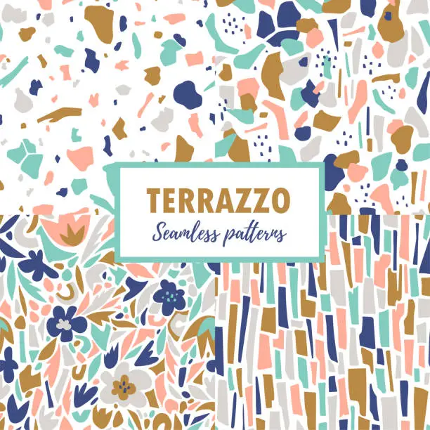 Vector illustration of Terrazzo seamless patterns. Set trendy abstract repeat designs. Vector abstract background with chaotic stains.
