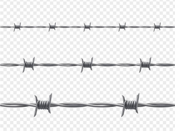 Barbed wire, warning and isolation decor, realistic Barbed wire, warning and isolation decor, realistic. Wire with clusters of short, sharp spikes, to make fences or obstruction. Vector illustration rusty fence stock illustrations