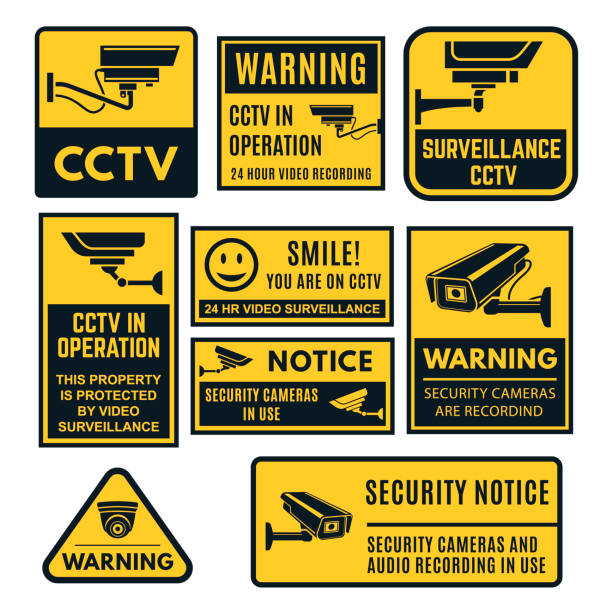 CCTV warning sign set, video system control CCTV warning sign set, video system control. Emblem to indicate and warn of the presence of closed circuit television systems. Vector flat style cartoon illustration isolated on white background surveillance camera sign stock illustrations
