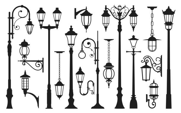 Old street lamp black silhouette, city vintage Old street lamp black silhouette, city vintage. Light pole, lamppost urban elegant collection. Vector illustration isolated on white background electric lamp illustrations stock illustrations