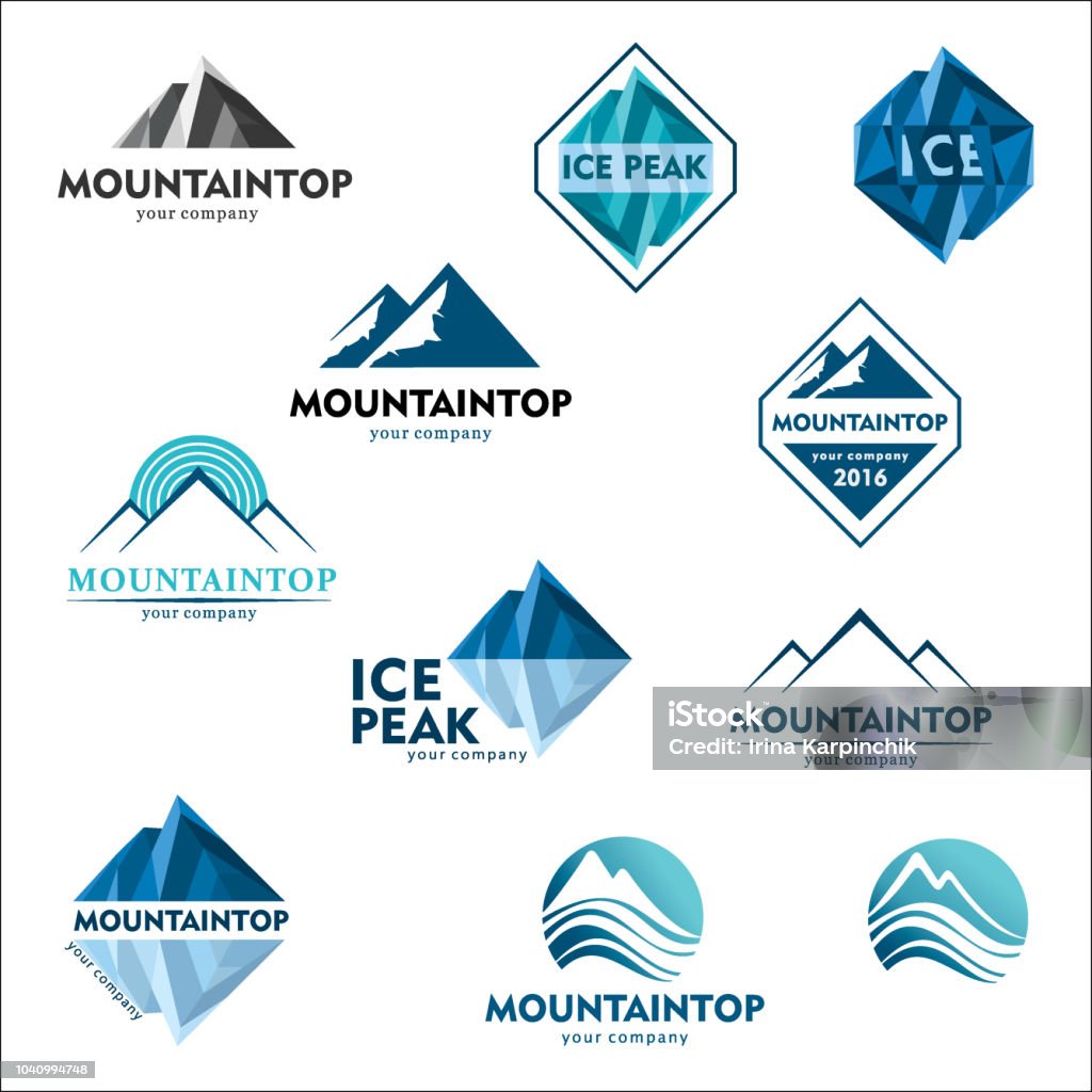 Emblema de la montaña, concepto de diseño de vectores de deportes de esquí, turismo, ocio activo. Conjunto de iconos - arte vectorial de Logotipo libre de derechos