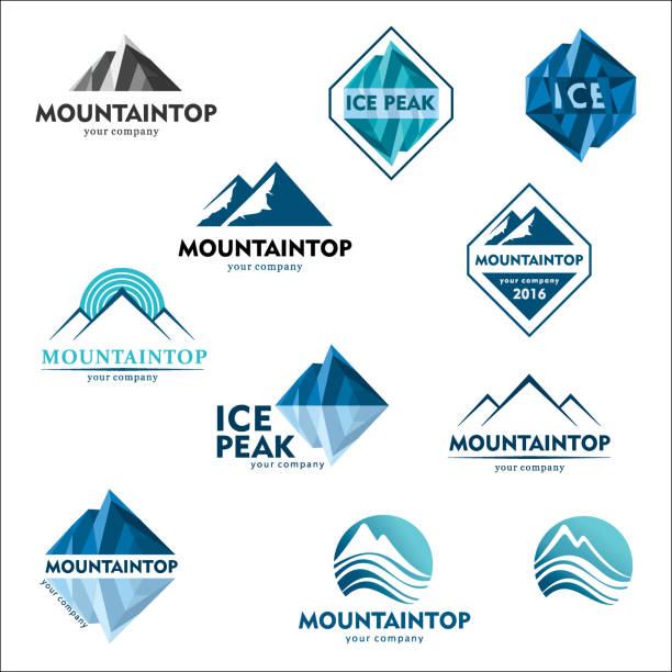 山の紋章は、スキー スポーツ、観光、レジャーのためのベクトル デザイン コンセプト。アイコン セット - skiing ski snow extreme sports点のイラスト素材／クリップアート素材／マンガ素材／アイコン素材