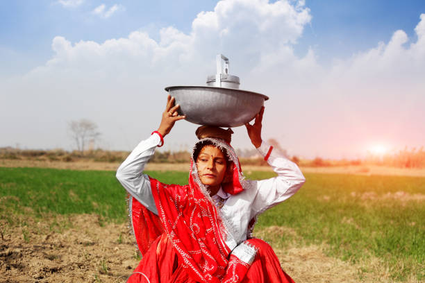 istock Female farmer carrying basket on her head 1041004930