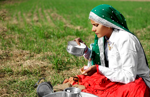 Rural women having food outdoor in the field during springtime.