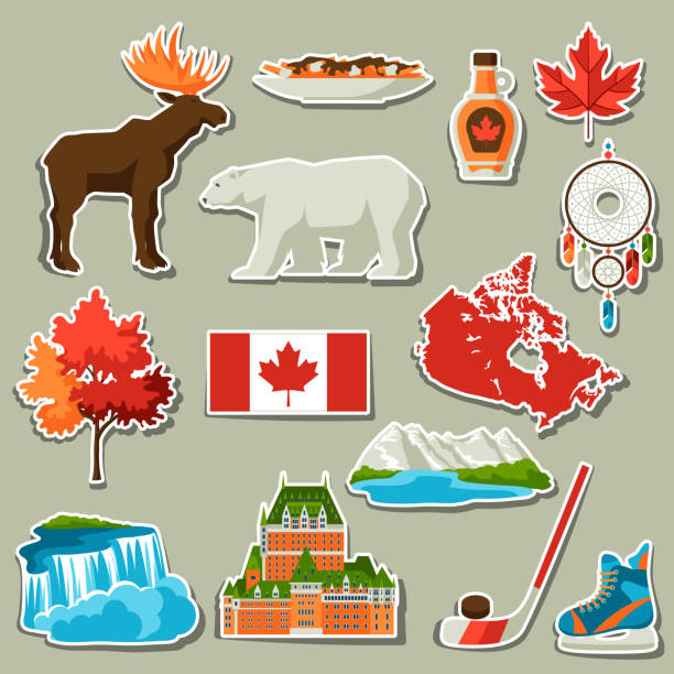 Canada sticker icons set. Canada sticker icons set. Canadian traditional symbols and attractions. drop bear stock illustrations