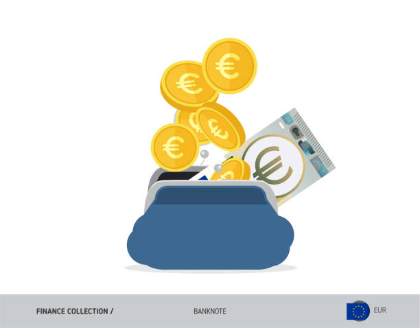 ilustraciones, imágenes clip art, dibujos animados e iconos de stock de monedero azul abierto con 5 monedas y billetes de euro. ilustración de vector de estilo plano. concepto de negocio. - símbolo de moneda de la comunidad europea