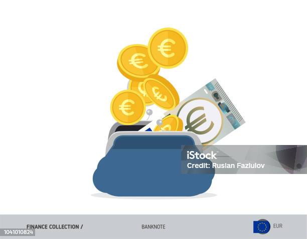 Monnaie Ouvert Bleu Avec 5 Euro Billets De Banque Et Pièces En Euros Illustration Vectorielle De Style Plat Concept Daffaires Vecteurs libres de droits et plus d'images vectorielles de Monnaie de l'Union Européenne