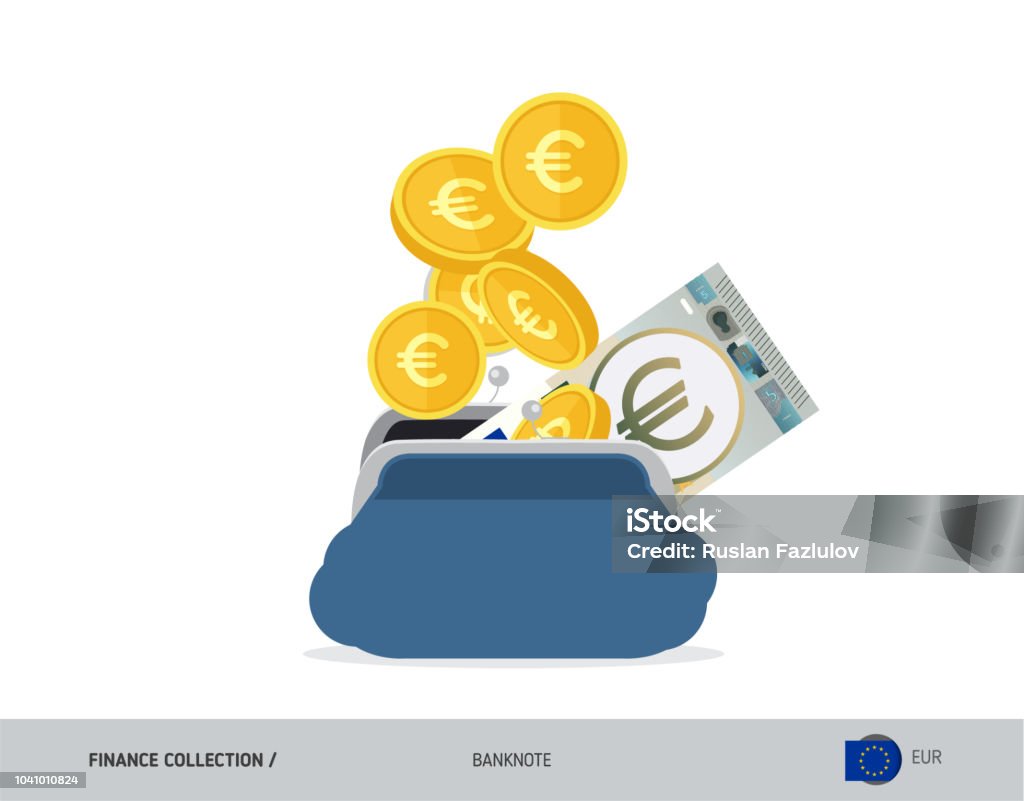 Blue opened purse with 5 Euro Banknote and coins. Flat style vector illustration. Business concept. Banknotes European Union Currency stock vector