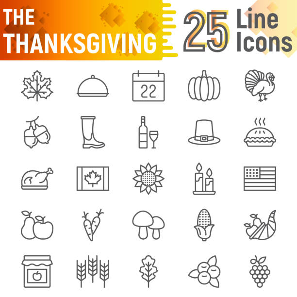 感謝祭線線形絵文字パッケージが白い背景に、eps 10 に分離された秋の兆し、ロゴ イラスト ベクター スケッチ休日の記号のコレクションのアイコンを設定します。 - thanksgiving symbol turkey apple点のイラスト素材／クリップアート素材／マンガ素材／アイコン素材