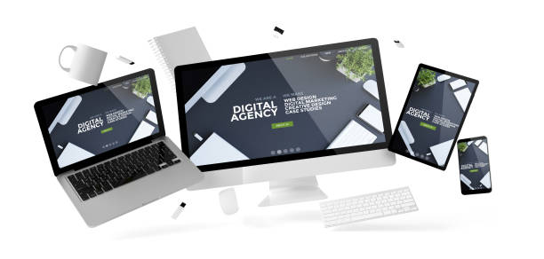office stuff and devices floating with digital agency office stuff and devices floating with digital agency 3d rendering graphic design case study stock pictures, royalty-free photos & images
