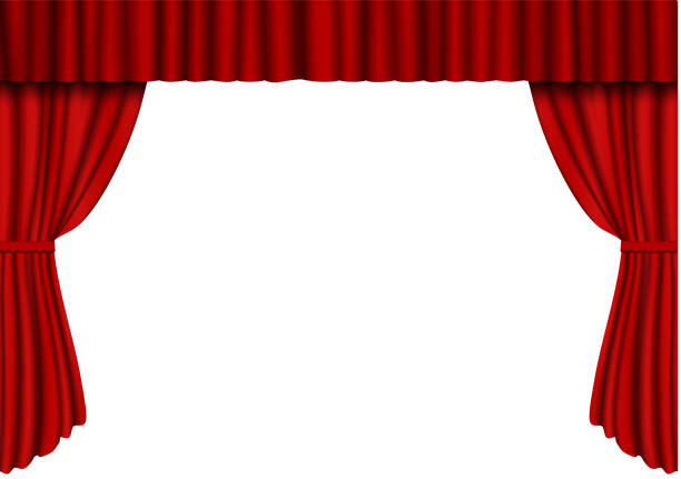 istock Red open curtain in theater. Velvet fabric cinema curtain vector isolated on white. Opened curtains 1041015792