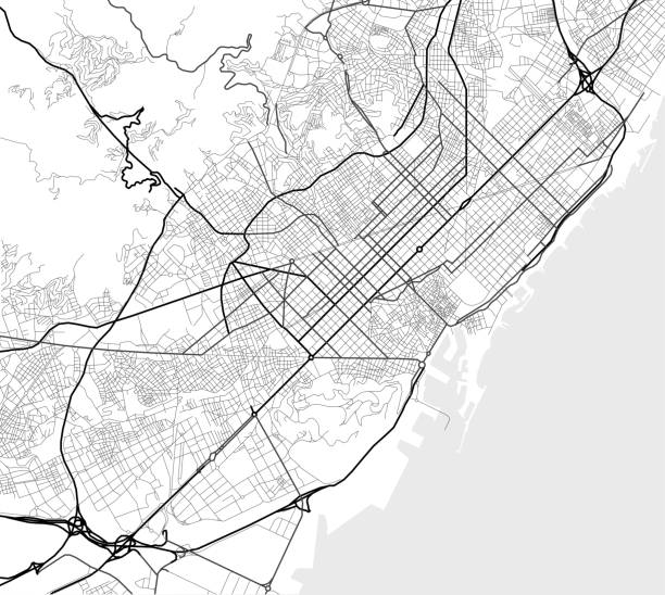 векторная карта барселоны в черно-белом цвете - city urban scene planning black and white stock illustrations