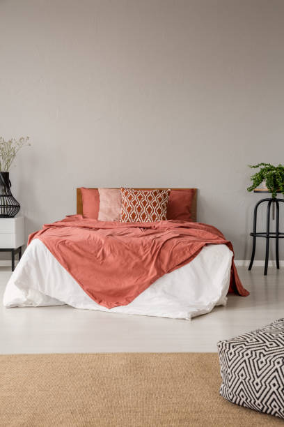 istock Pouf on carpet in minimal grey bedroom interior with red bed with pillows between plants. Real photo 1041018808