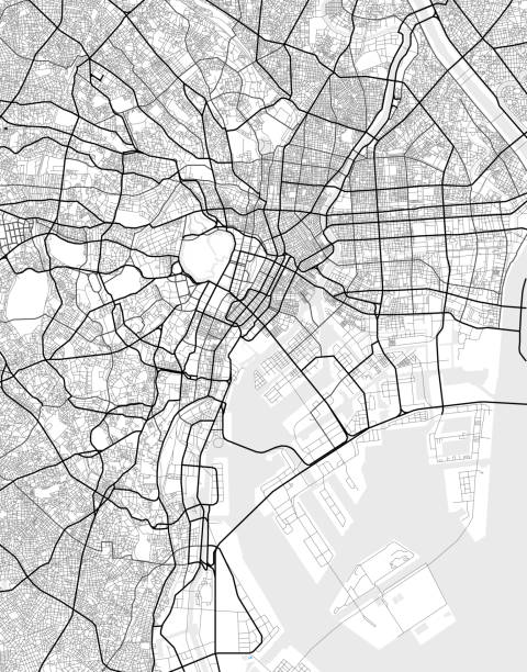 векторная карта города токио в черно-белом цвете - city urban scene planning black and white stock illustrations