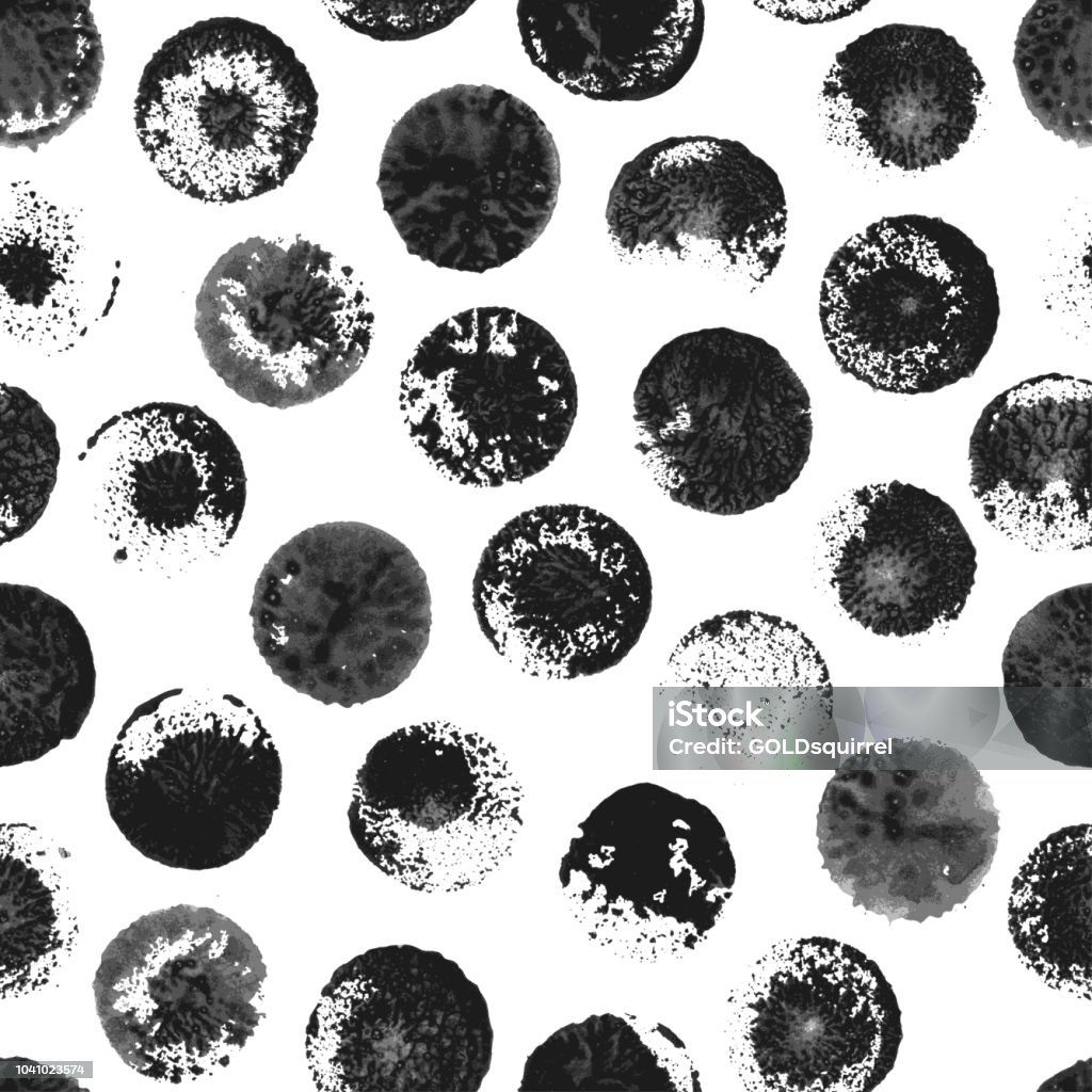 Round uneven imperfect unfinished dirty black stamps on white paper card - seamless polka dot pattern in vector Thick paint imprinted on white paper. Thick paint leaves irregular shapes with many imperfections. An abstract pattern on a square white piece of paper. 
Zoom to see the details.
SEAMLESS PATTERN - duplicate it vertically and horizontally to get unlimited area! Vector file - enlarge without loss the quality. Circle stock vector