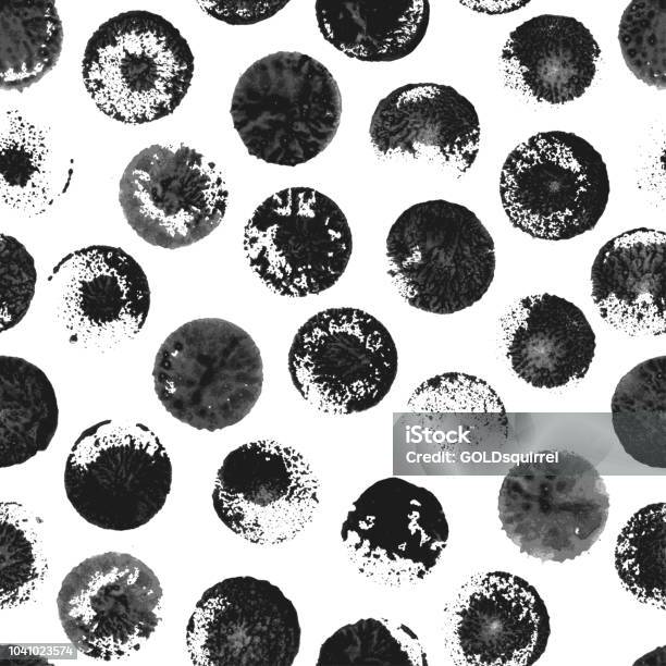 Round Uneven Imperfect Unfinished Dirty Black Stamps On White Paper Card Seamless Polka Dot Pattern In Vector Stock Illustration - Download Image Now