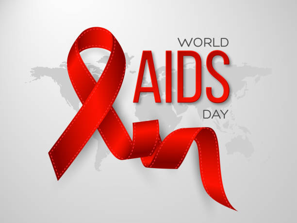 World Aids day concept. Realistic awareness red ribbon on grey map background, vector illustration World Aids day concept. Realistic awareness red ribbon on grey map background. Vector illustration world aids day stock illustrations