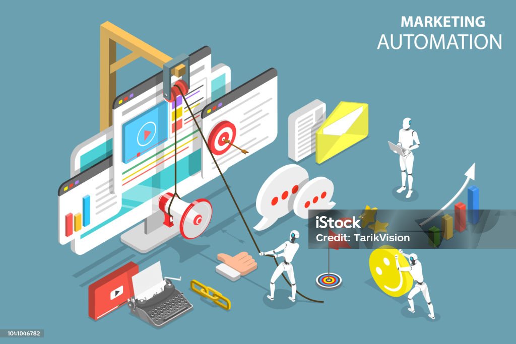 Isometric flat vector concept of digital marketing automation, social media strategy, ai, chatbot. Automated stock vector