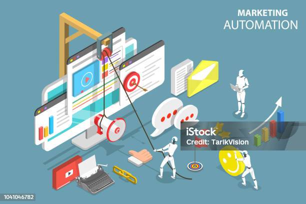 Isometric Flat Vector Concept Of Digital Marketing Automation Social Media Strategy Ai Chatbot Stock Illustration - Download Image Now
