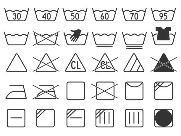 Vector illustration of dark grey monochrome simple laundry symbols round or curved style icons set element for garment industry flat vector design collection