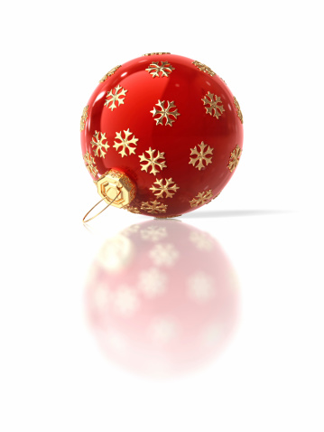 Red christmas ornament with gold snowflake. Isolated on white. 3D render.