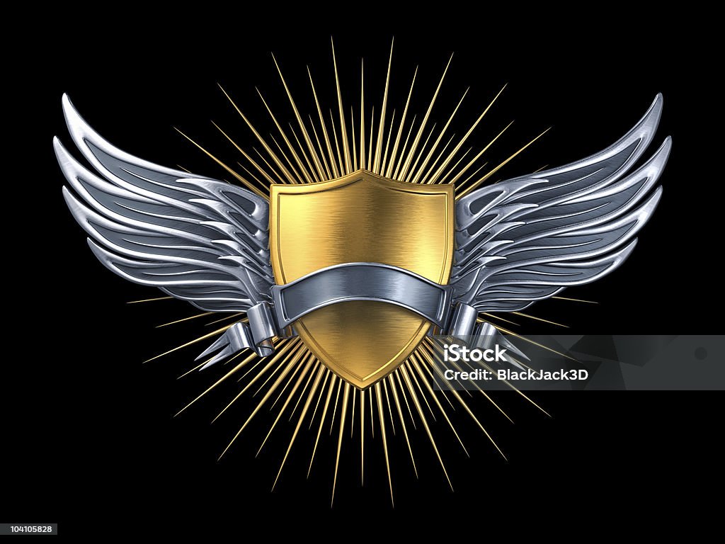 Gold shield with silver wings and ribbon Gold shield with silver wings and ribbon. Isolated on black. 3D render. Animal Wing Stock Photo