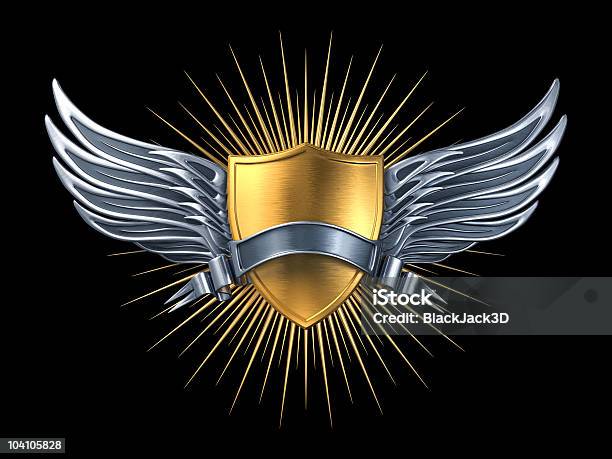 Gold Shield With Silver Wings And Ribbon Stock Photo - Download Image Now - Animal Wing, Insignia, Gold - Metal