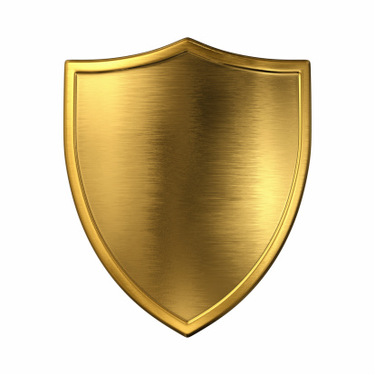 Gold shield. Isolated on white. 3D render.