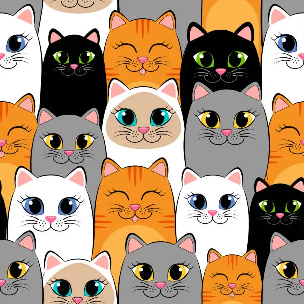 Vector illustration of Seamless pattern with cats. Background with gray, white, black, ginger and siamese kittens