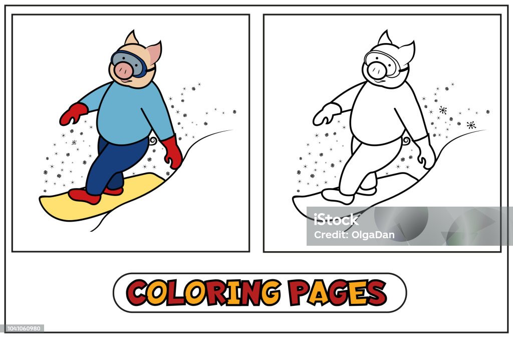 Coloring Pig - Snowboarder Coloring piglet ride from the hill on a snowboard. Set coloring for children for the new year 2019 and Christmas with mumps winter sports. Vector illustration, on white background. Skateboarding stock vector