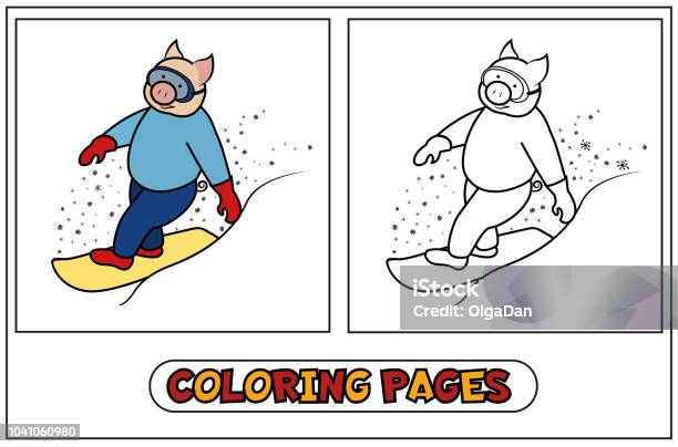 Coloring Pig Snowboarder Stock Illustration - Download Image Now - Skateboarding, Activity, Animal